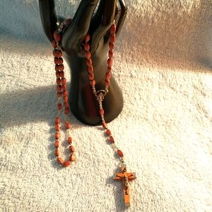 Vintage - Italian Olive Wood & Silver Beaded Rosary - J5